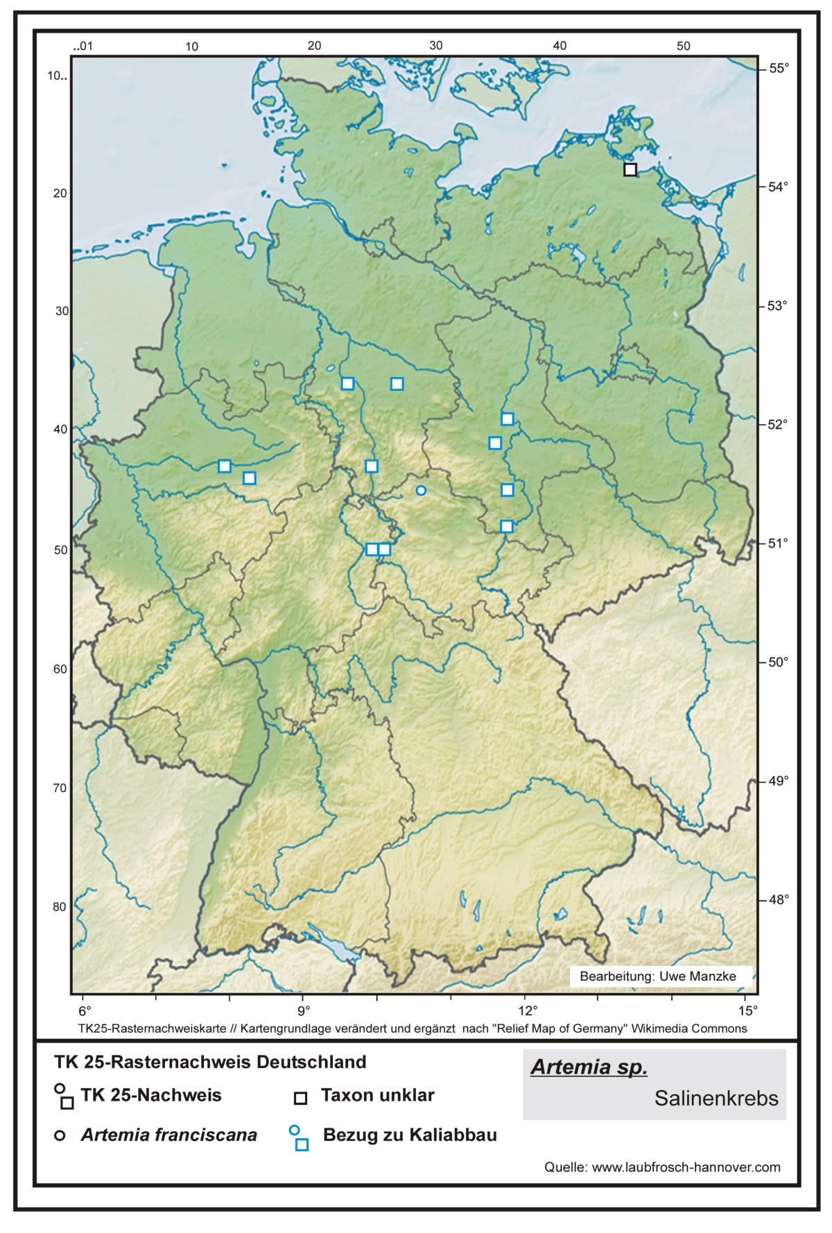 Artemia TK25-Rasternachweiskarte Deutschland, Bearbeitung Uwe Manzke; Kartengrundlage: verändert n. Relief Map of Germany Wikimedia Commons https://commons.wikimedia.org/wiki/File:Relief_Map_of_Germany.svg