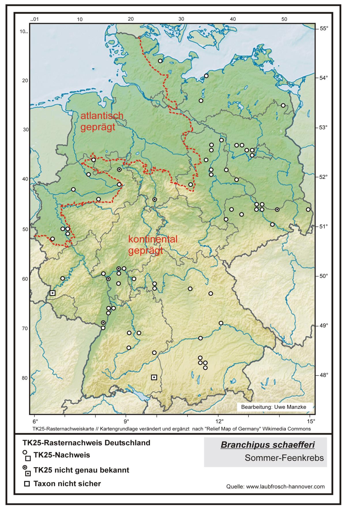Branchipus schaefferi TK25-Rasternachweiskarte Deutschland, Bearbeitung Uwe Manzke; Kartengrundlage: verändert n. Relief Map of Germany Wikimedia Commons https://commons.wikimedia.org/wiki/File:Relief_Map_of_Germany.svg