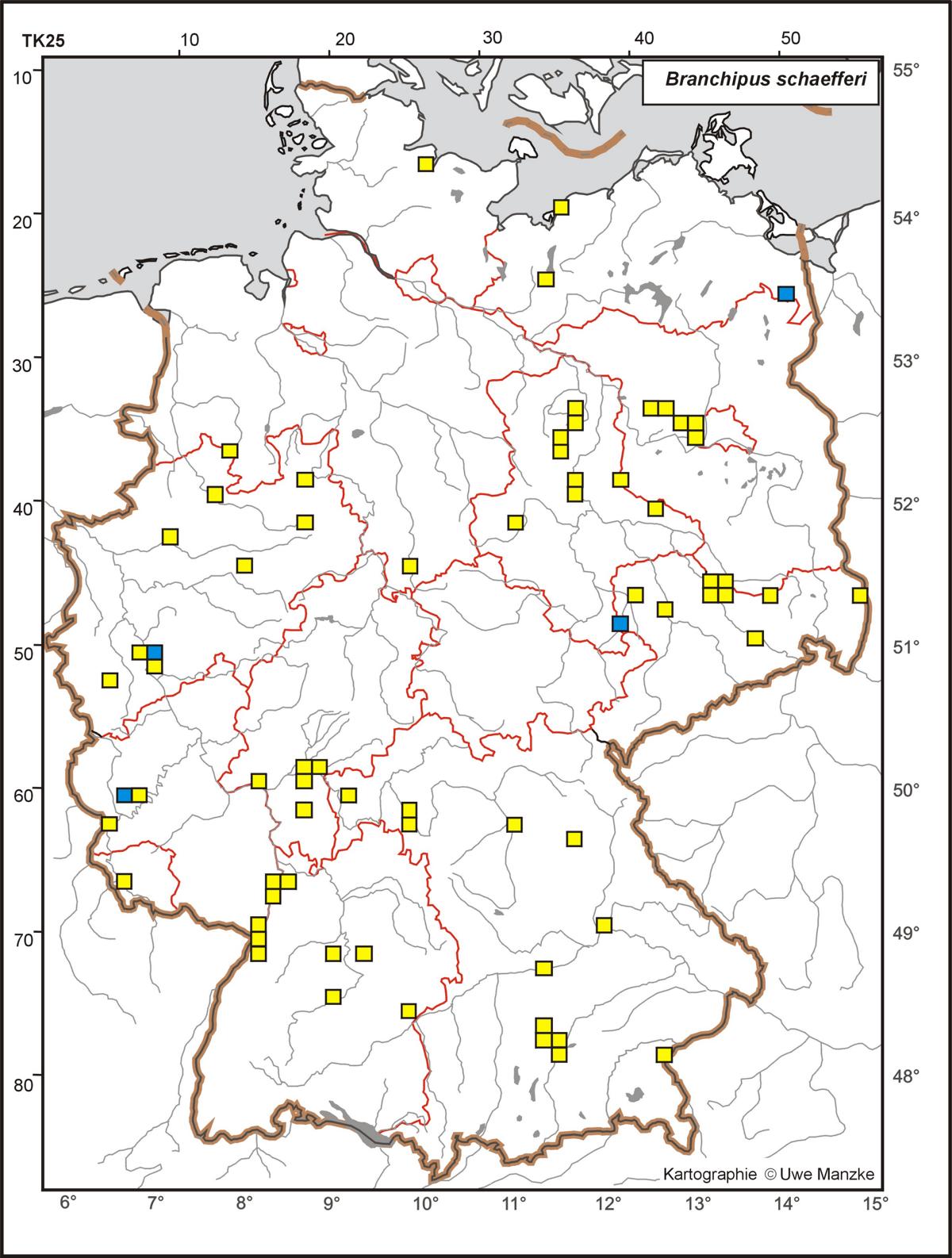 Branchipus schaefferi TK25-Rasternachweiskarte Deutschland &copy; Uwe Manzke
