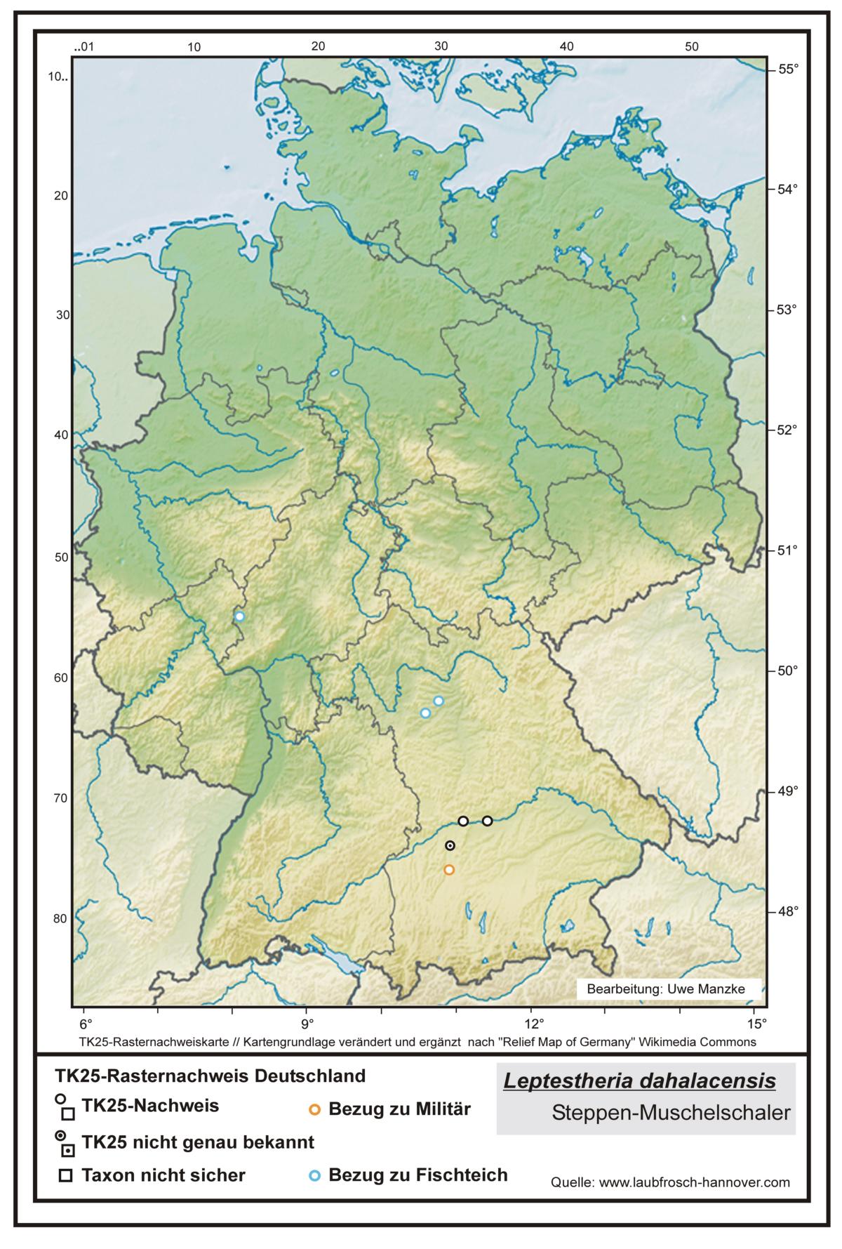 Leptestheria dahalacensis TK25-Rasternachweiskarte Deutschland, Bearbeitung Uwe Manzke; Kartengrundlage: verändert n. Relief Map of Germany Wikimedia Commons https://commons.wikimedia.org/wiki/File:Relief_Map_of_Germany.svg