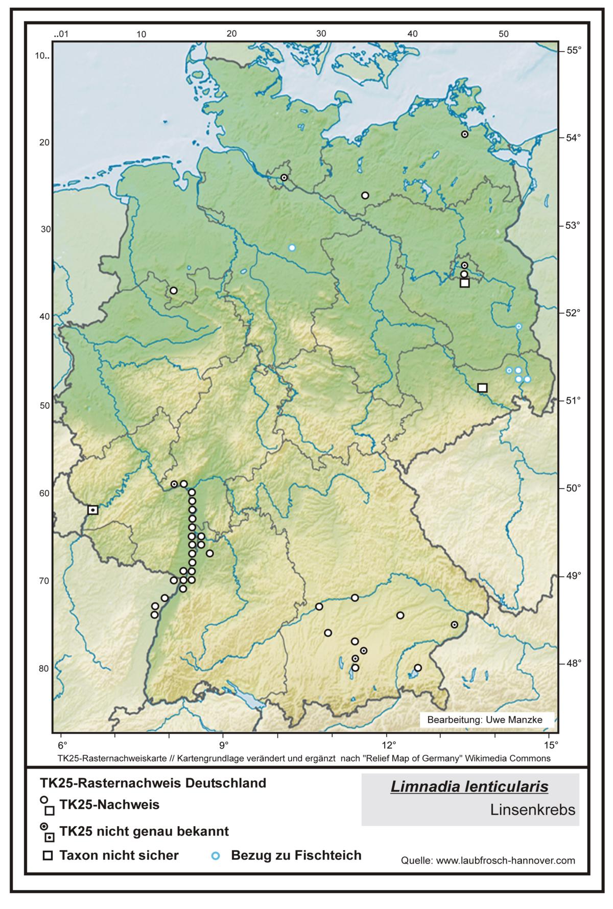 Limnadia lenticularis TK25-Rasternachweiskarte Deutschland, Bearbeitung Uwe Manzke; Kartengrundlage: verändert n. Relief Map of Germany Wikimedia Commons https://commons.wikimedia.org/wiki/File:Relief_Map_of_Germany.svg