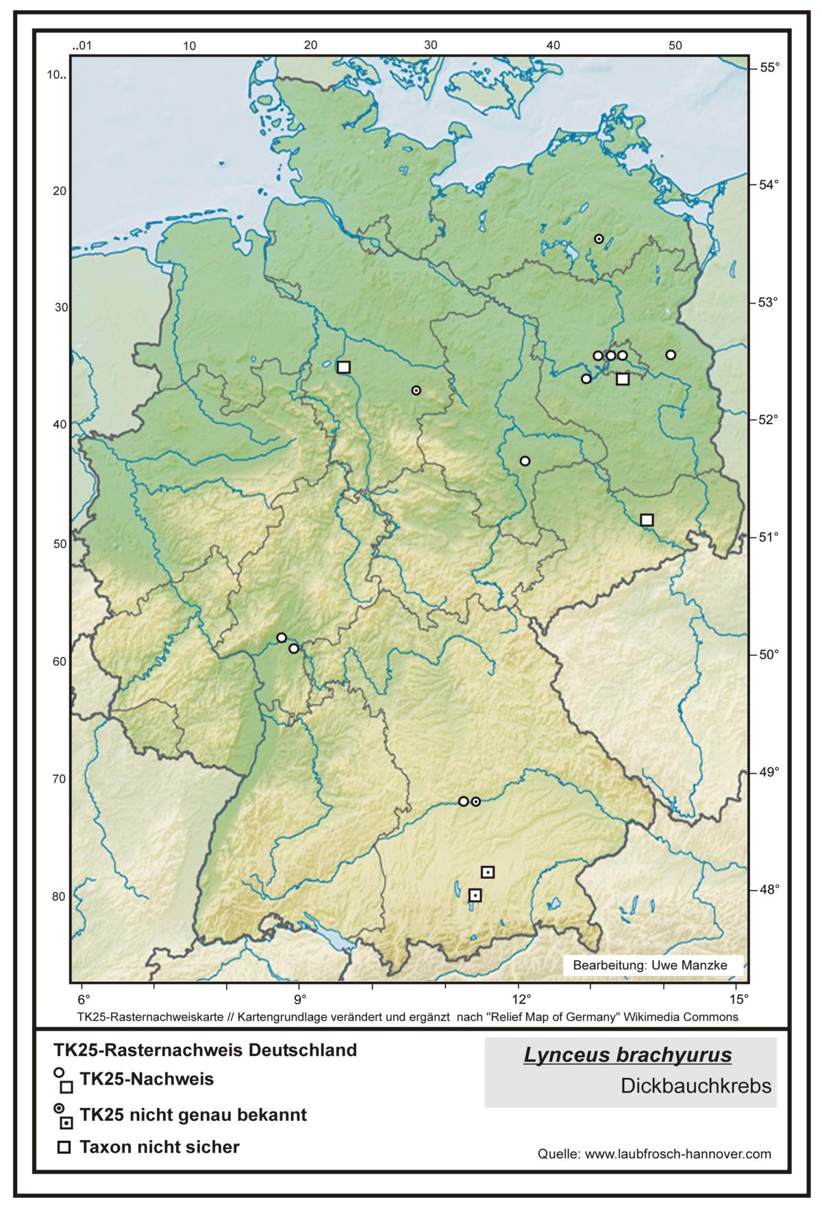 Lynceus brachyurus TK25-Rasternachweiskarte Deutschland, Bearbeitung Uwe Manzke; Kartengrundlage: verändert n. Relief Map of Germany Wikimedia Commons https://commons.wikimedia.org/wiki/File:Relief_Map_of_Germany.svg