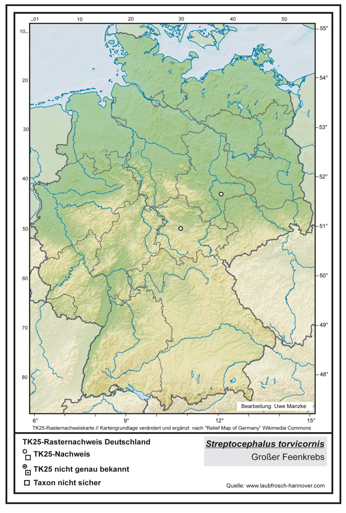 Streptocephalus torvicornis  TK25-Rasternachweiskarte Deutschland, Bearbeitung Uwe Manzke; Kartengrundlage: verändert n. Relief Map of Germany Wikimedia Commons https://commons.wikimedia.org/wiki/File:Relief_Map_of_Germany.svg